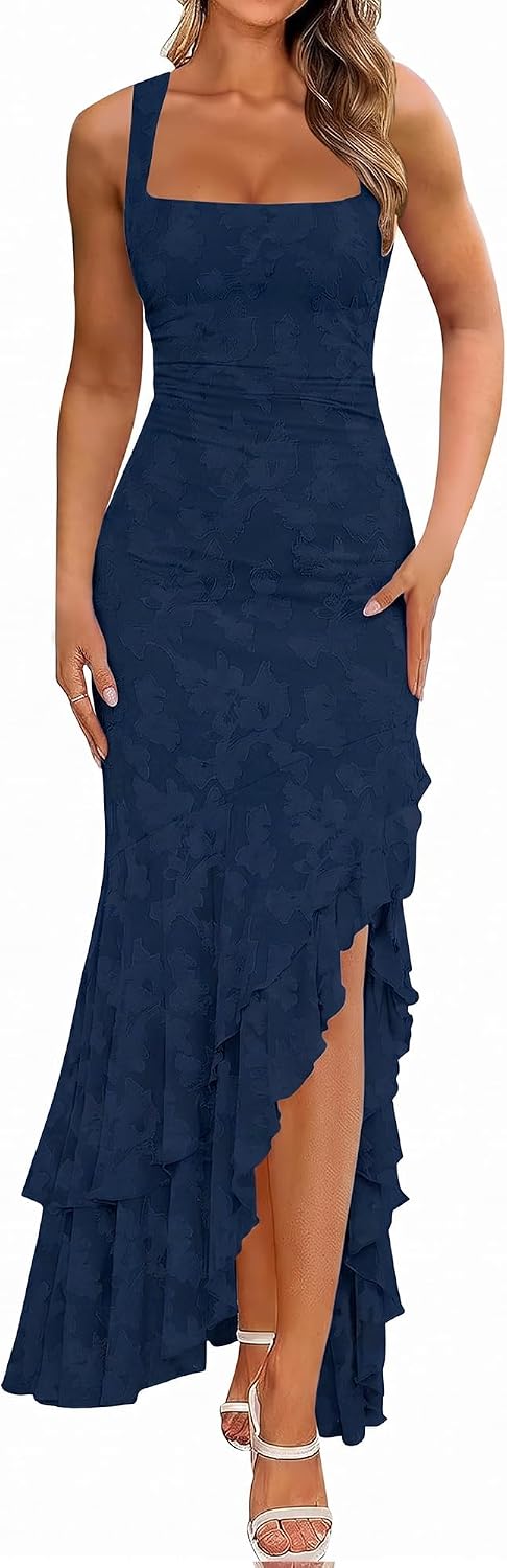 Ruched Floral Mermaid Maxi Wedding Guest Dress - Navy