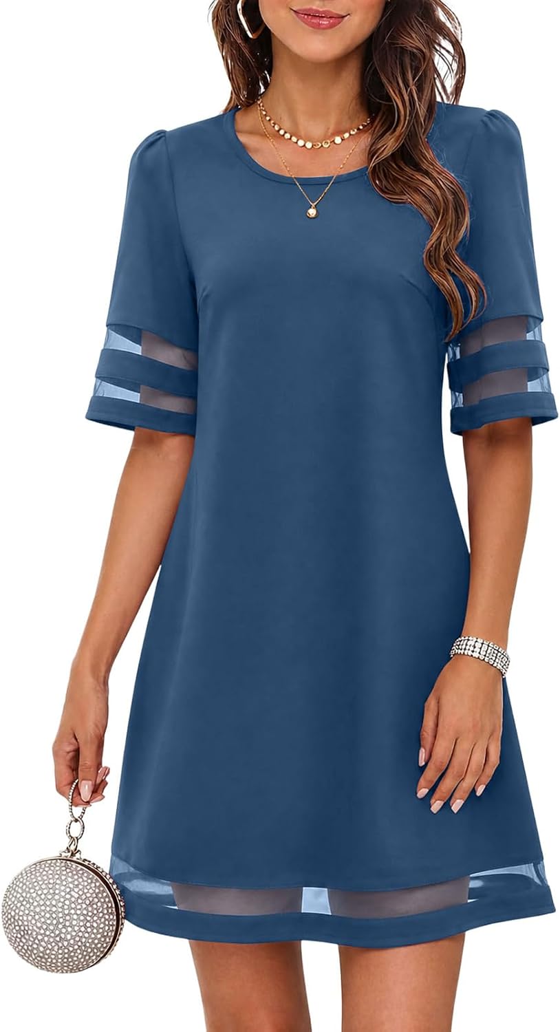 A-Line Mesh Trim Knee Length Wedding Guest Dress - Grey Blue