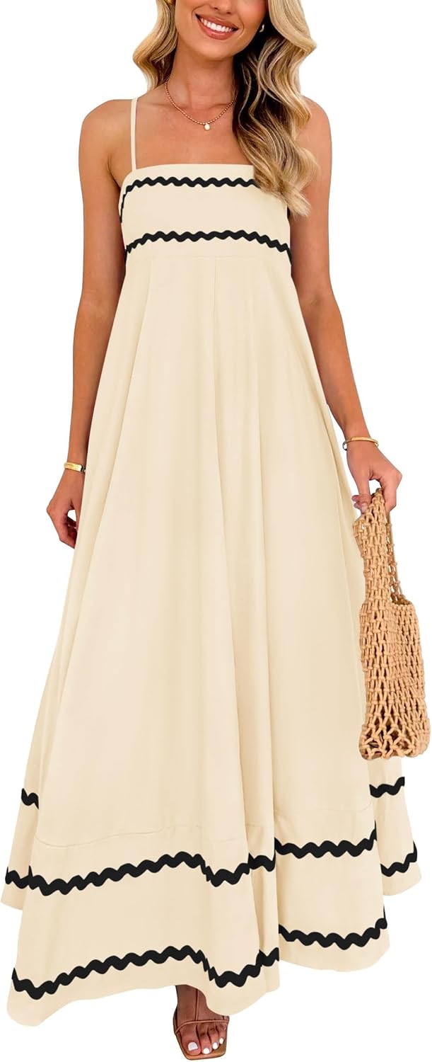 Boho Spaghetti Strap Ruffle Maxi Sundress - Light Beige
