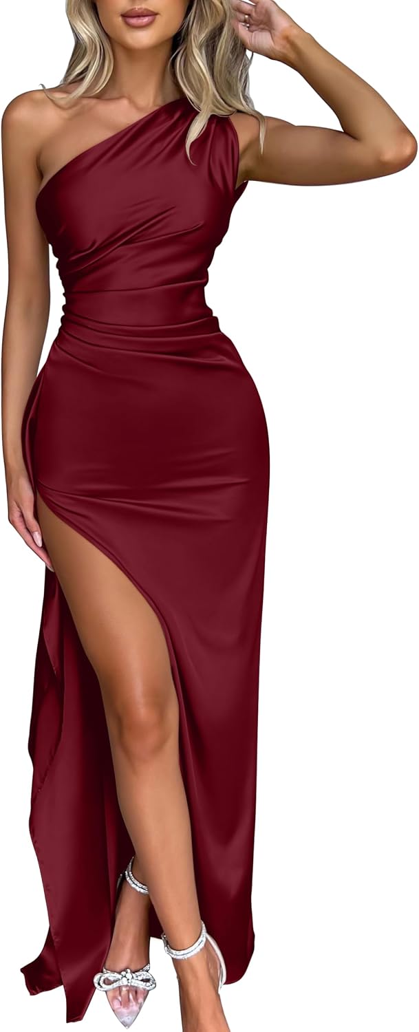 One Shoulder High Slit Bodycon Maxi Dress - Wine Red