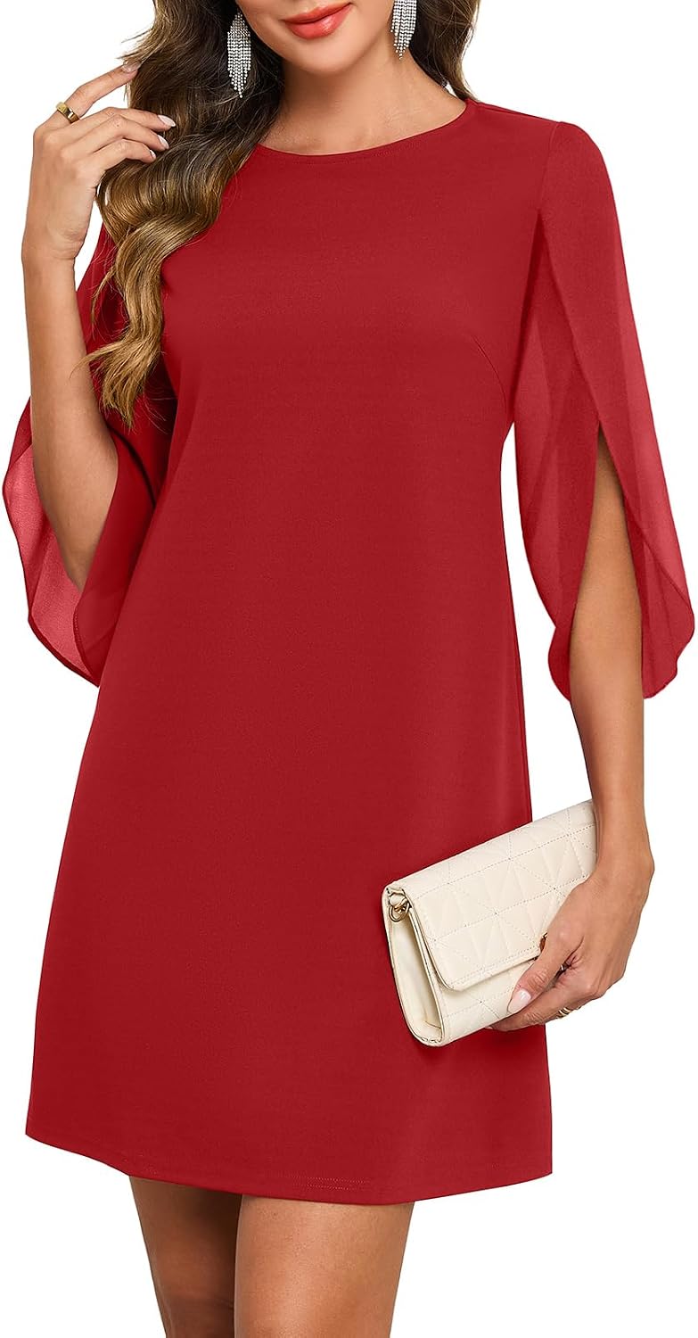 Flutter Sleeve Chiffon Knee Length Cocktail Dress - Red