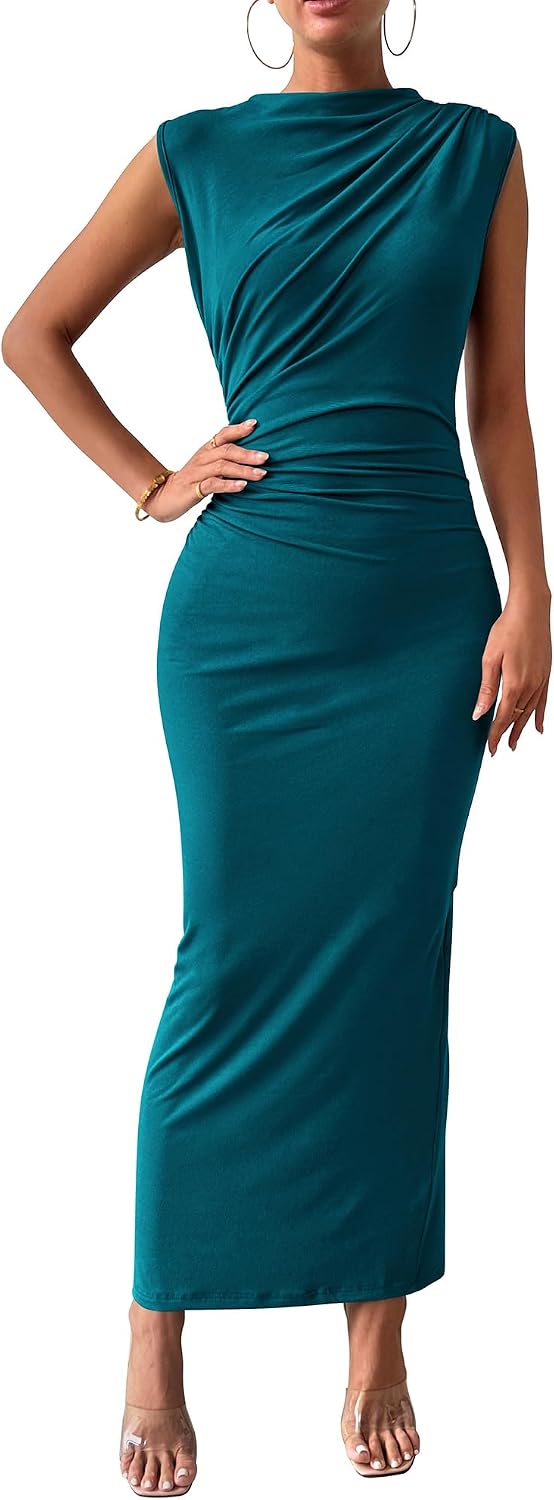 Ruched Bodycon Sleeveless Maxi Dress, Back Slit - Dark Blue
