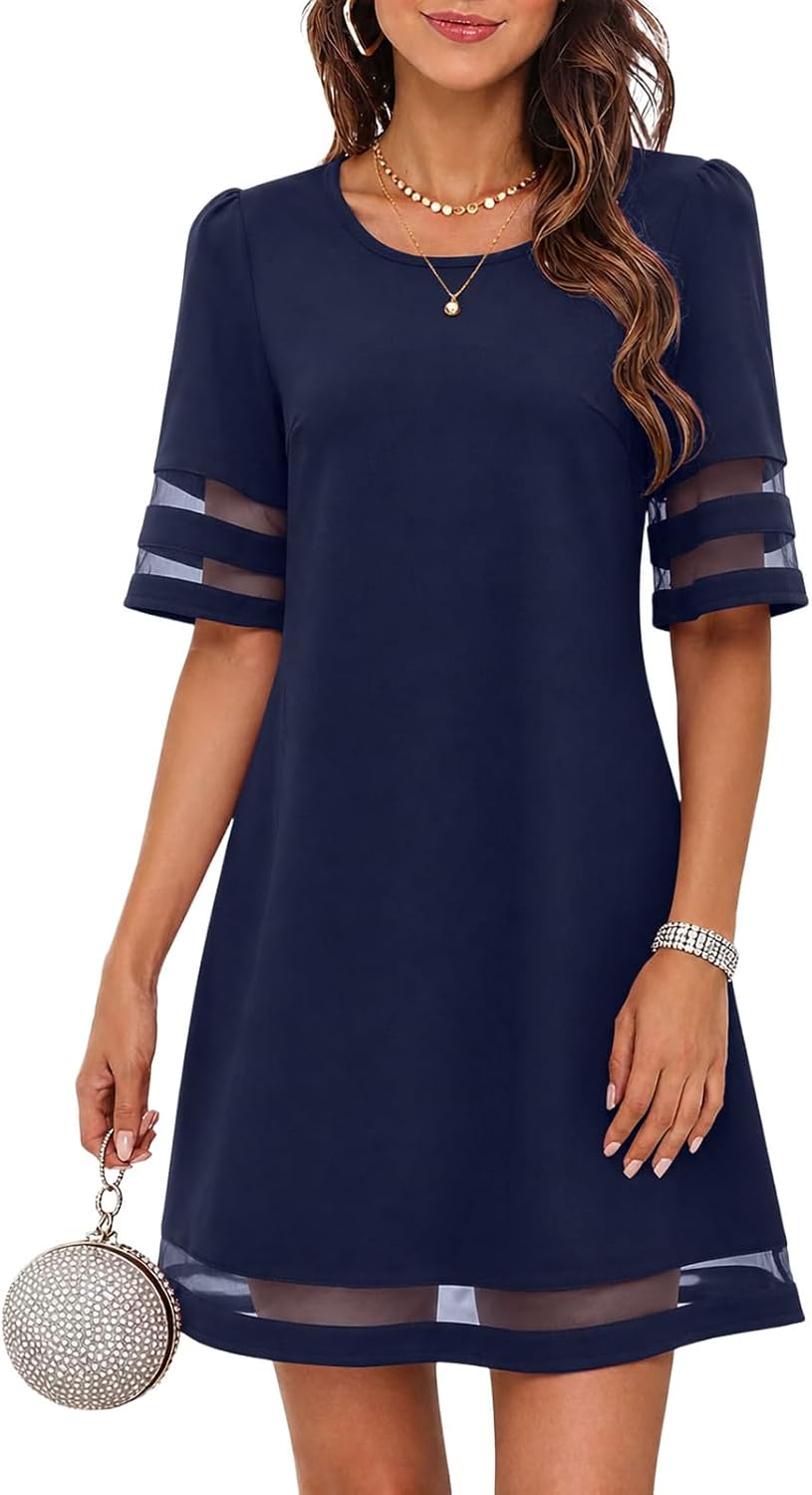 A-Line Mesh Trim Knee Length Wedding Guest Dress - Navy