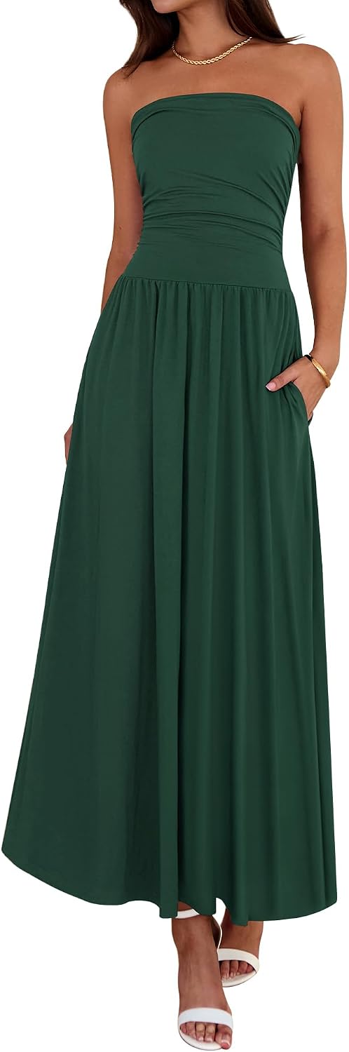 Strapless Ruched Maxi Sundress with Pockets - Dark Green