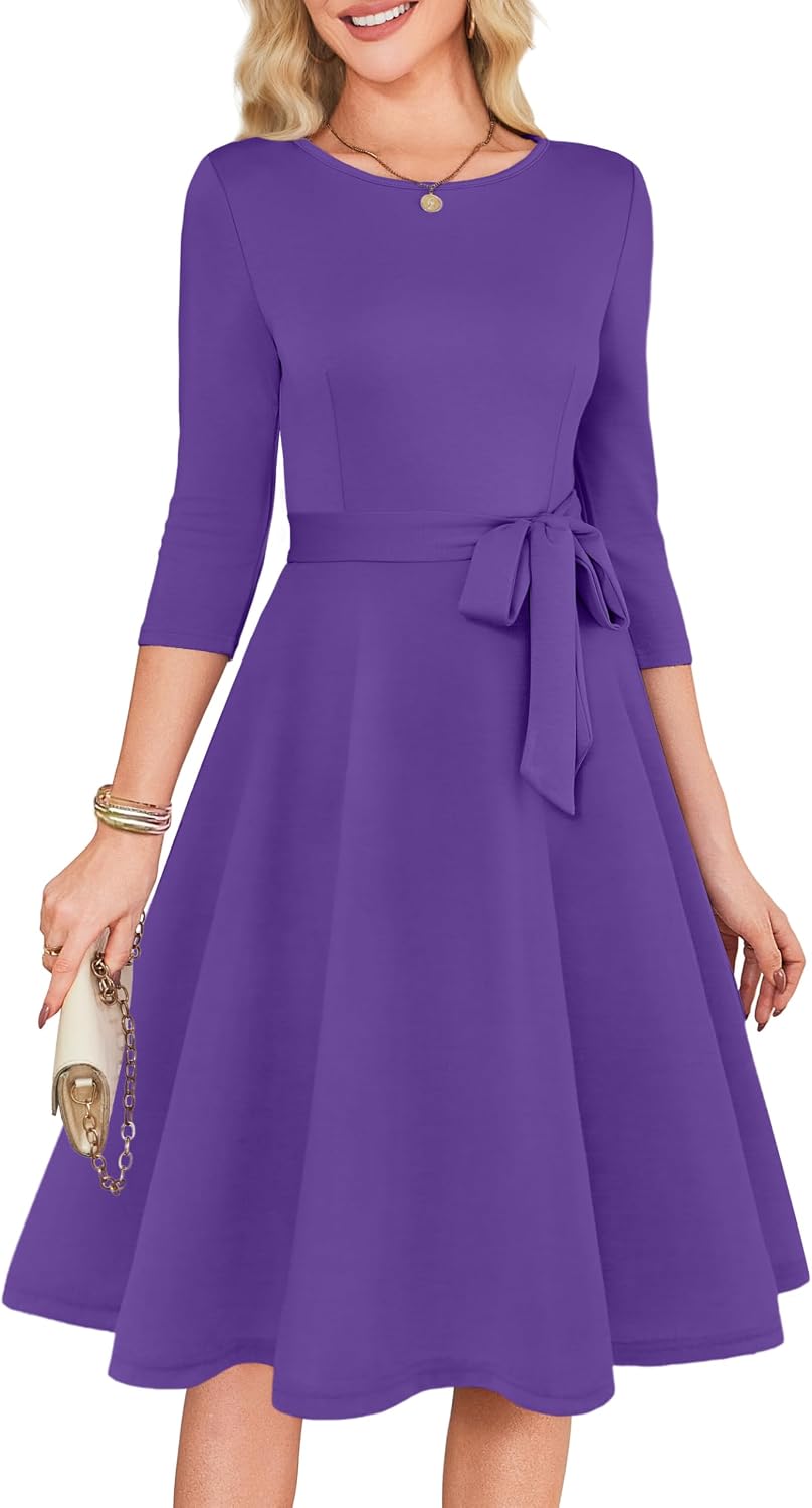 3/4 Sleeve Vintage Cocktail Dress with Belt - Dark Purple