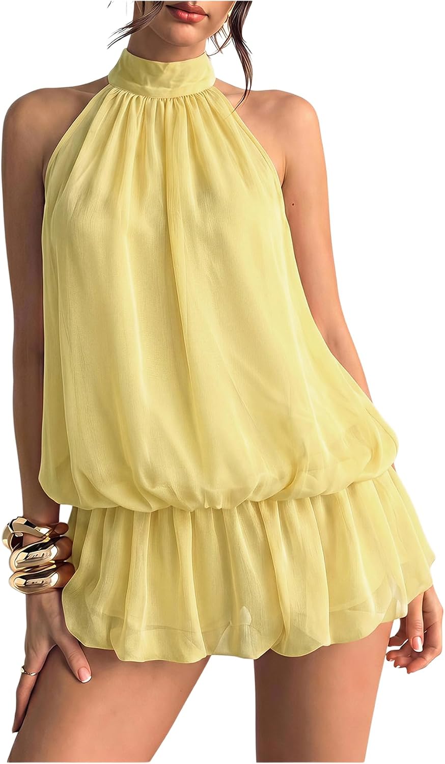 Chiffon Halter Bubble Hem Mini Dress, Backless - Light Butter Yellow