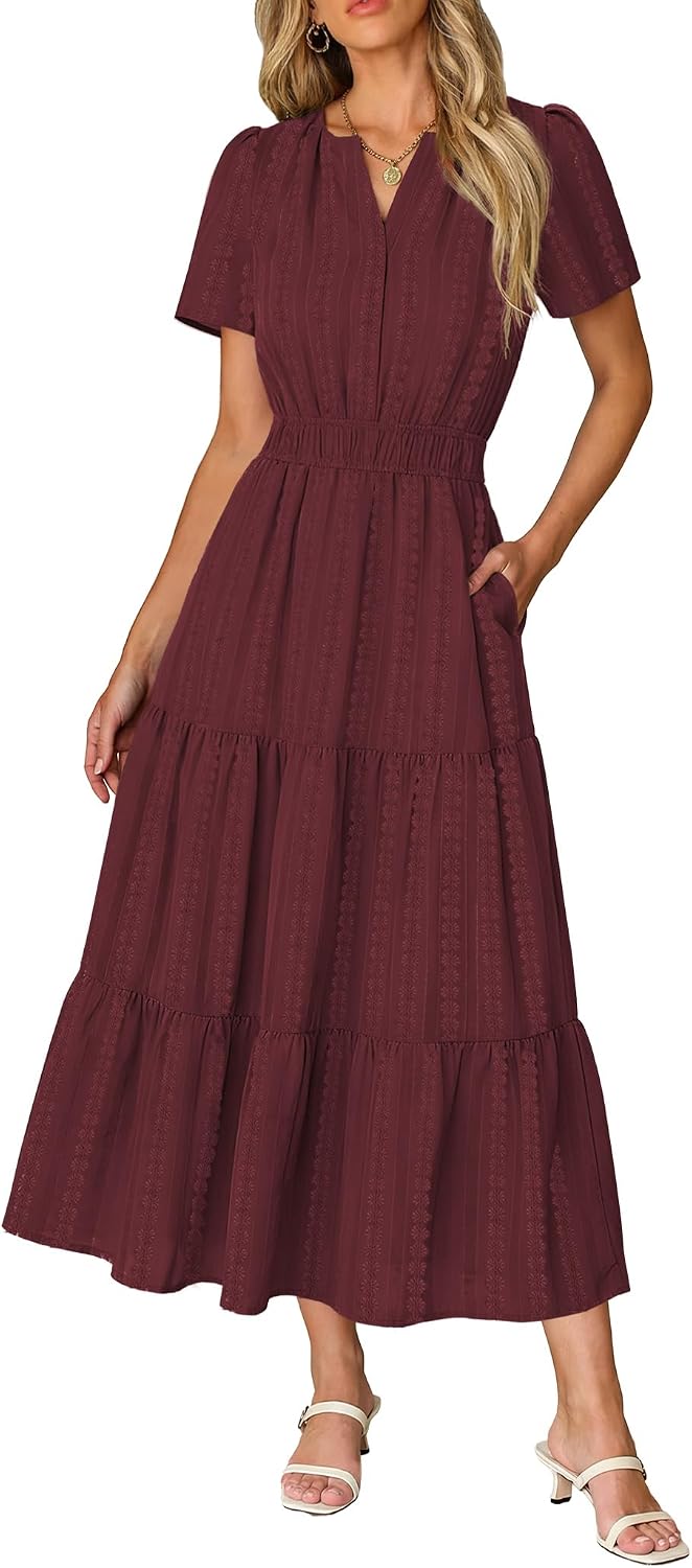 Short Sleeve Flowy Maxi Dress with Pockets - Wine Red