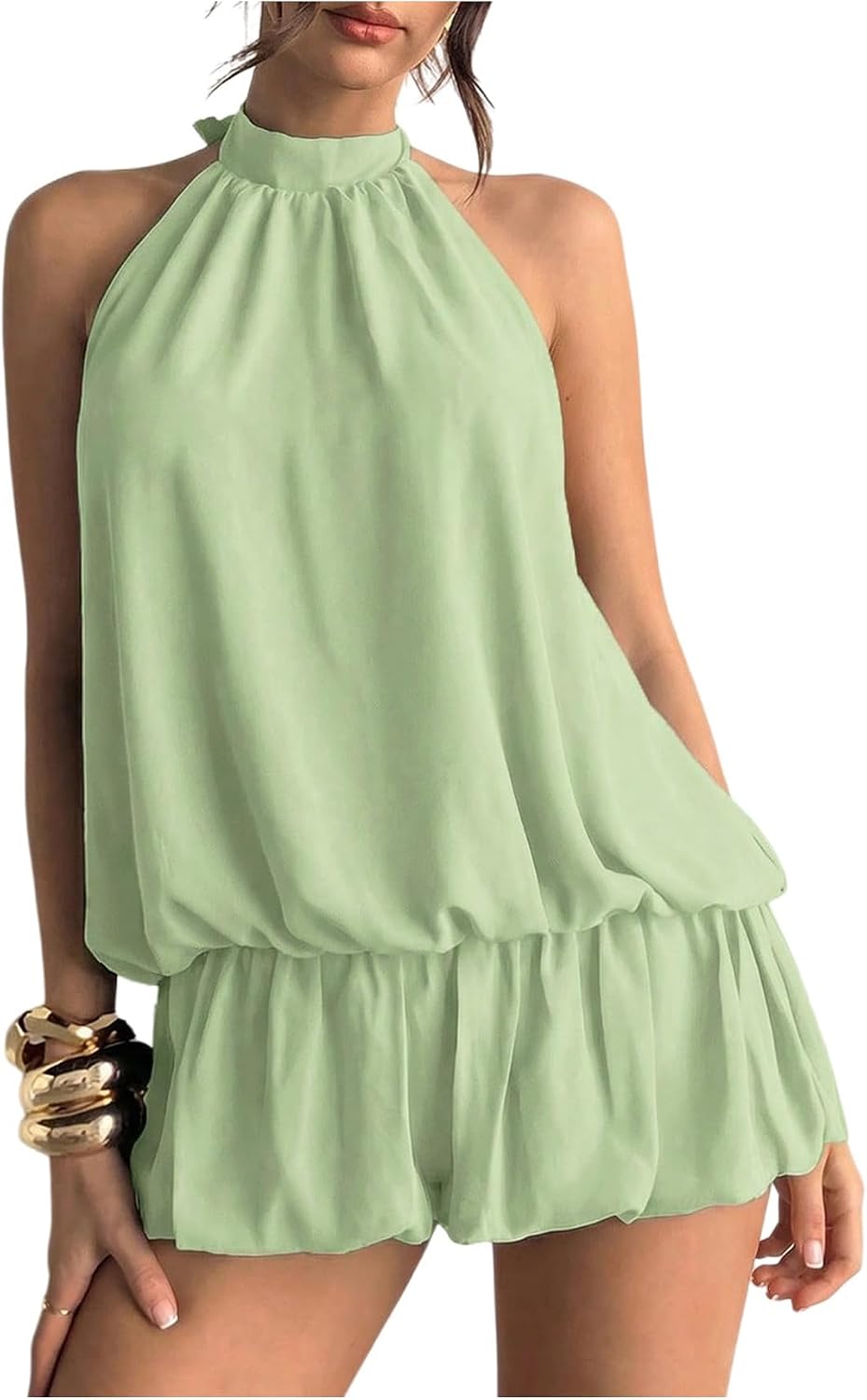 Chiffon Halter Bubble Hem Mini Dress, Backless - Mint Green