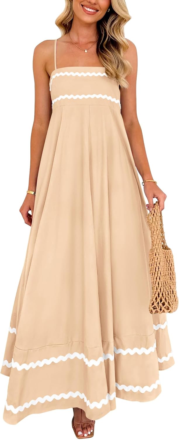 Boho Spaghetti Strap Ruffle Maxi Sundress - Beige