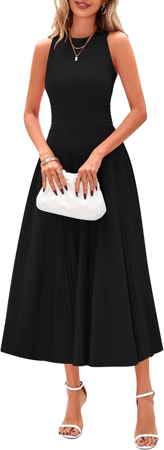 Sleeveless Pleated Knit A-Line Midi Work Dress - Black