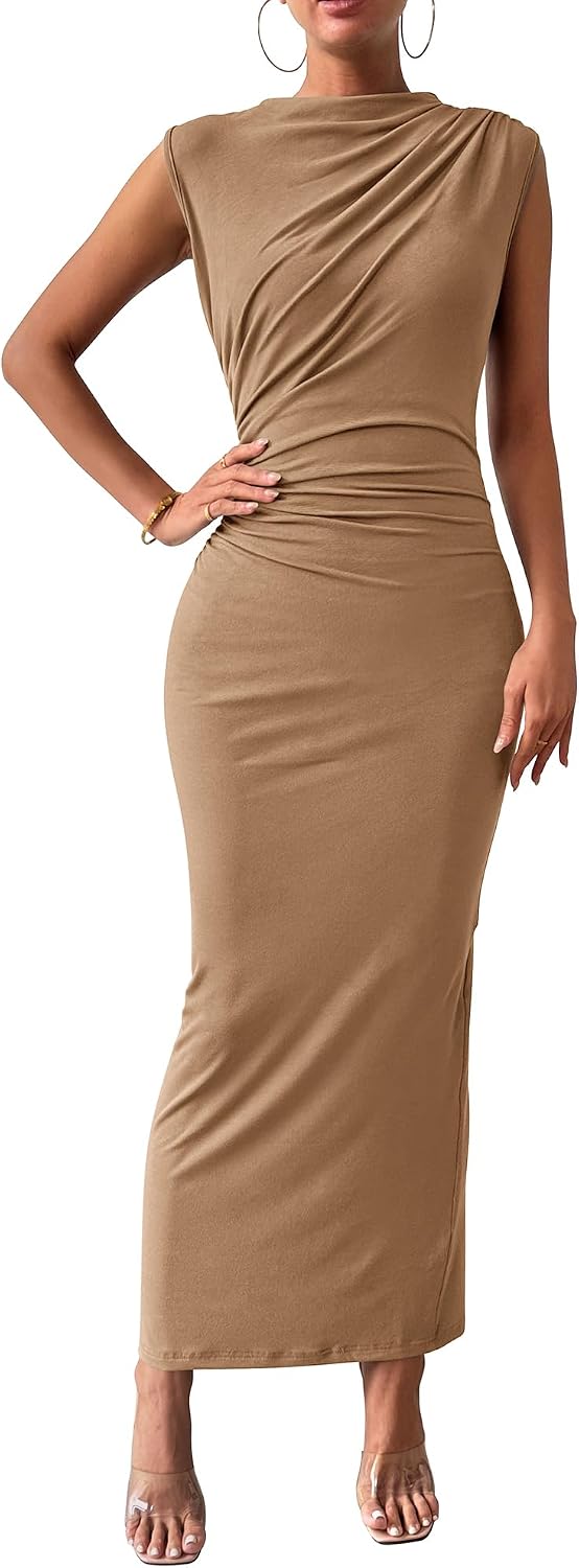 Ruched Bodycon Sleeveless Maxi Dress, Back Slit - Dark Khaki