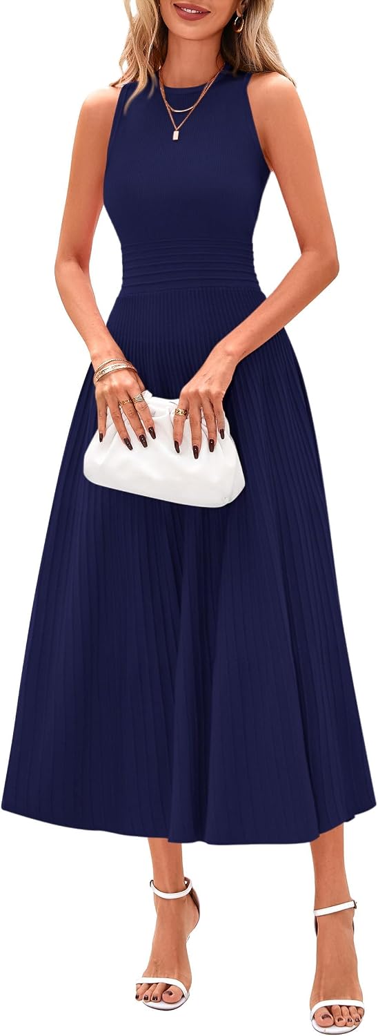 Sleeveless Pleated Knit A-Line Midi Work Dress - Navy