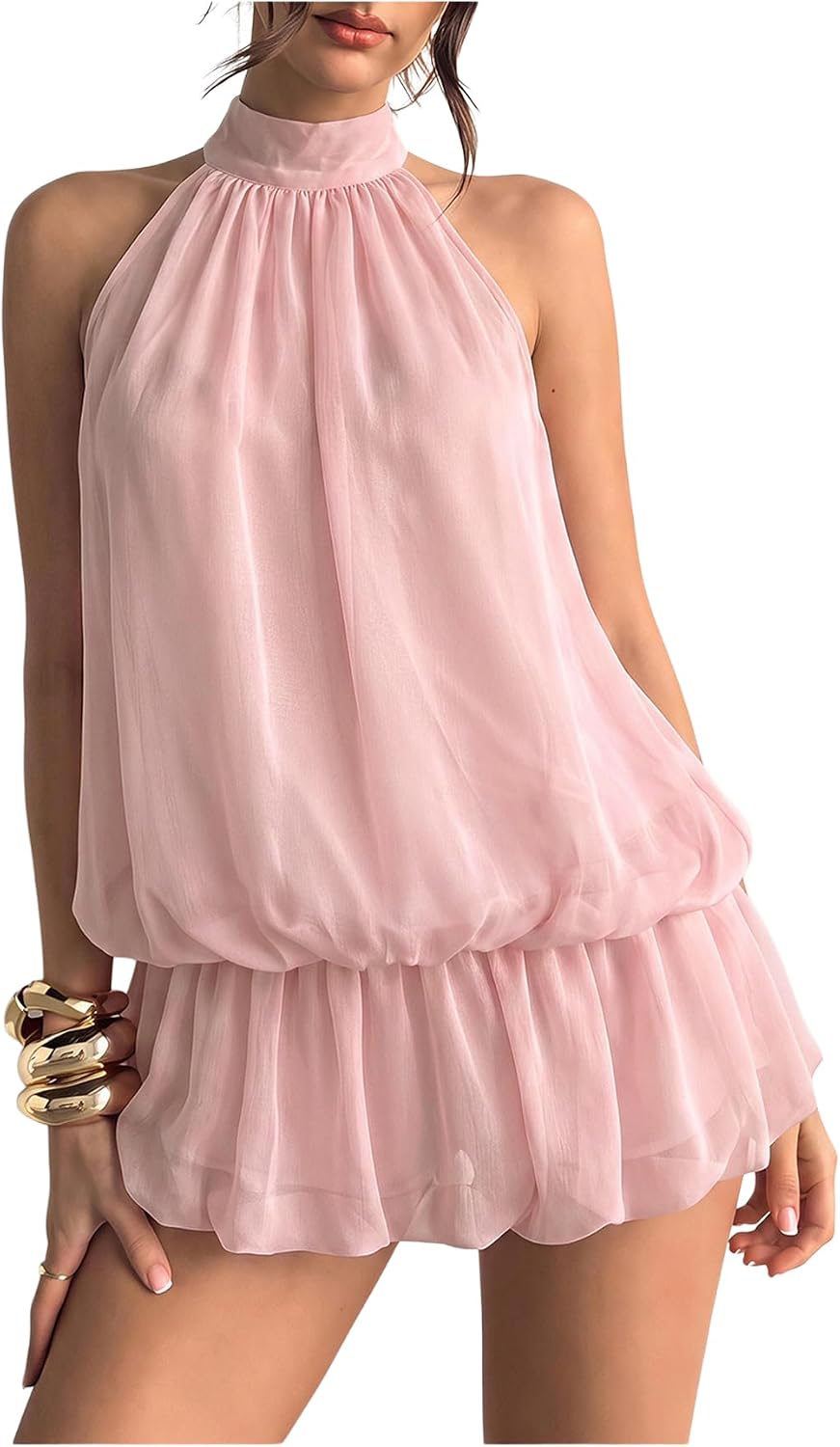 Chiffon Halter Bubble Hem Mini Dress, Backless - Dusty Pink