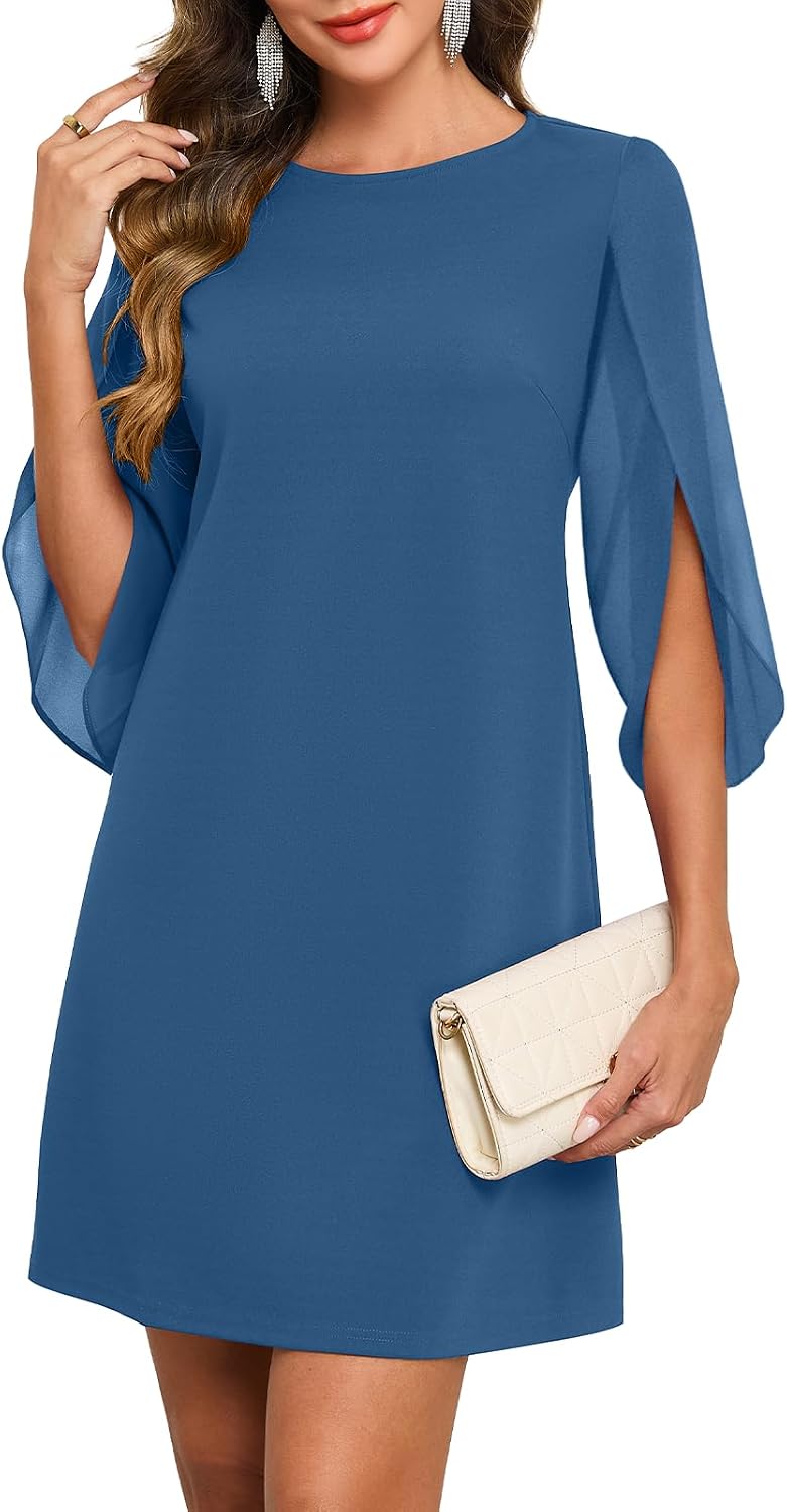 Flutter Sleeve Chiffon Knee Length Cocktail Dress - Gray Blue