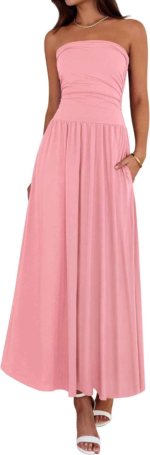 Strapless Ruched Maxi Sundress with Pockets - Pink