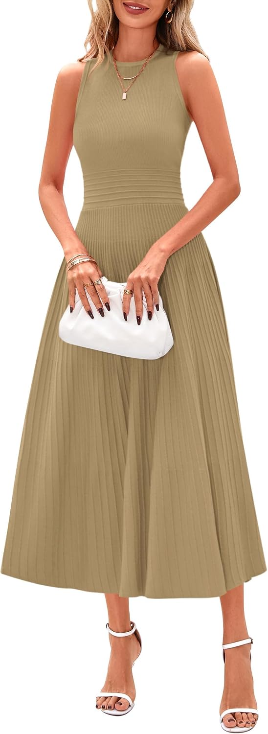 Sleeveless Pleated Knit A-Line Midi Work Dress - Camel