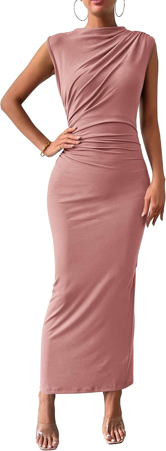 Ruched Bodycon Sleeveless Maxi Dress, Back Slit - Pink