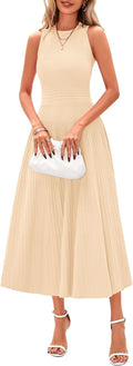 Sleeveless Pleated Knit A-Line Midi Work Dress - Apricot