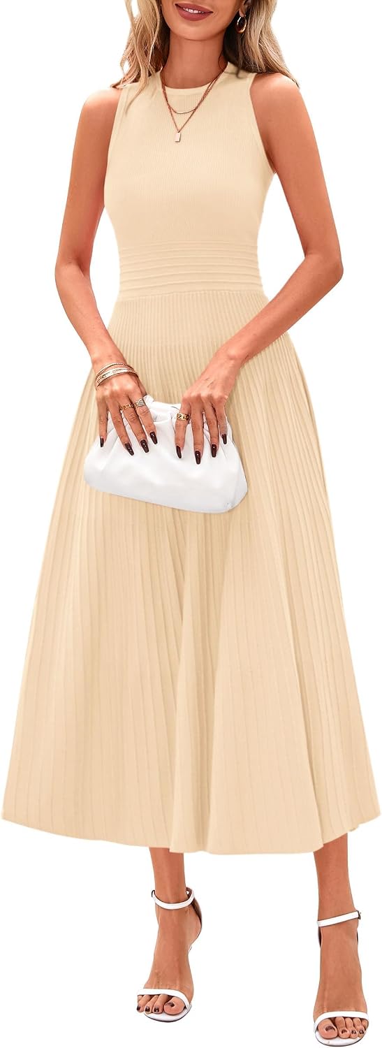 Sleeveless Pleated Knit A-Line Midi Work Dress - Apricot