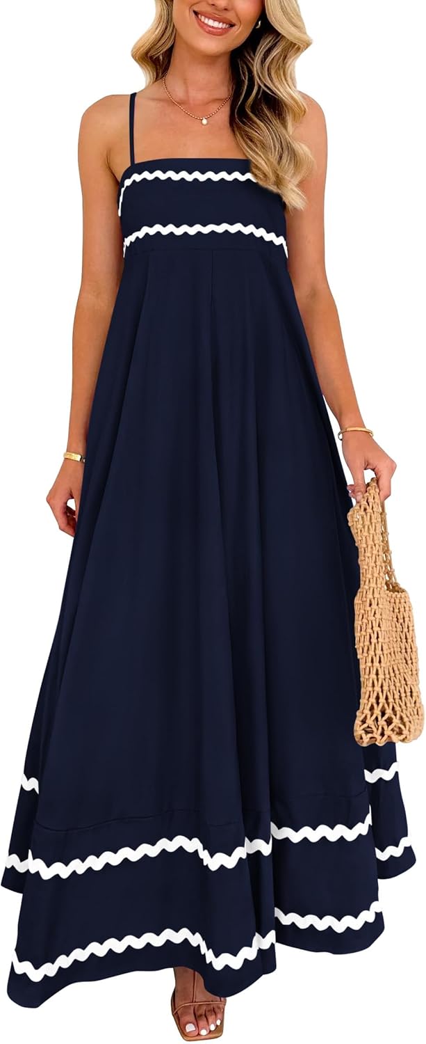 Boho Spaghetti Strap Ruffle Maxi Sundress - Dark Blue