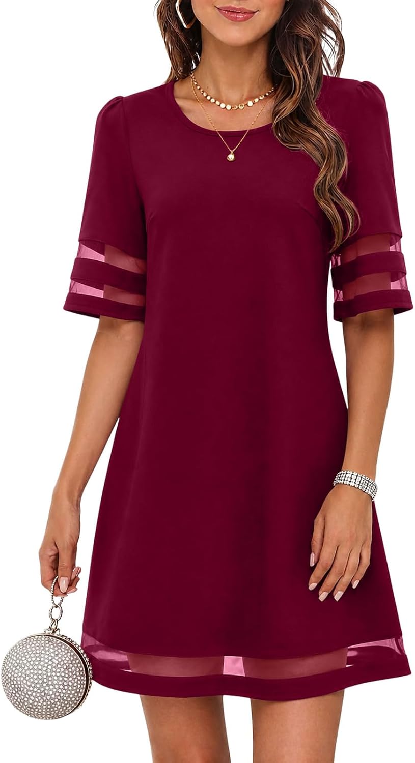 A-Line Mesh Trim Knee Length Wedding Guest Dress - Wine Red