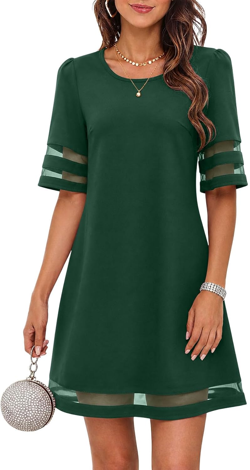 A-Line Mesh Trim Knee Length Wedding Guest Dress - Dark Green