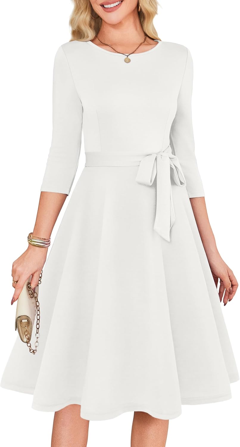 3/4 Sleeve Vintage Cocktail Dress with Belt - White