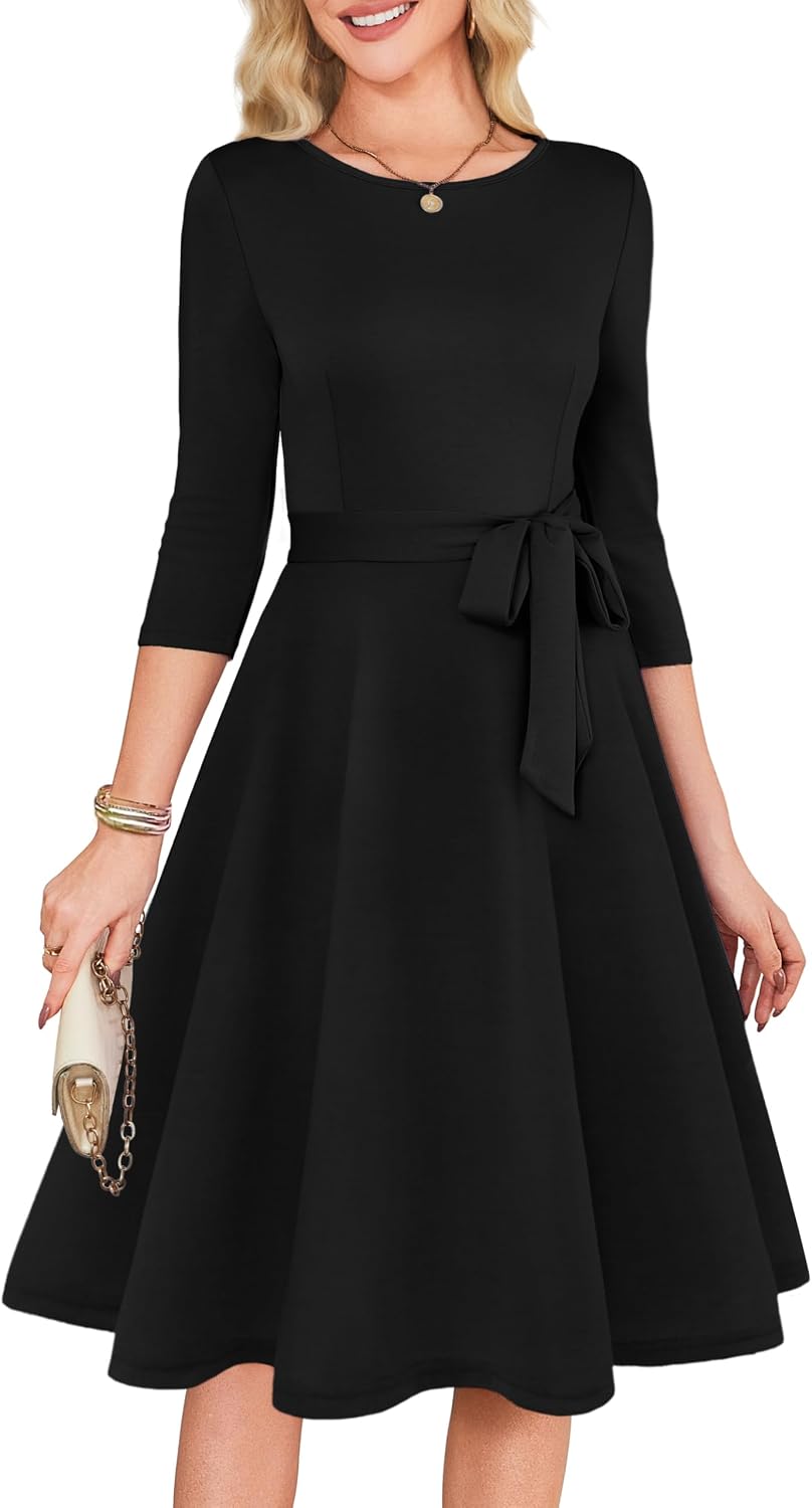 3/4 Sleeve Vintage Cocktail Dress with Belt - Black