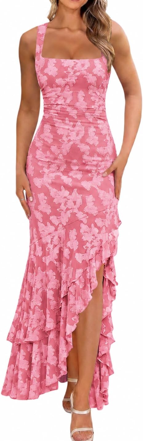 Ruched Floral Mermaid Maxi Wedding Guest Dress - Pink