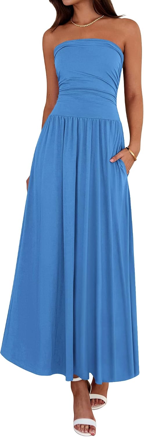 Strapless Ruched Maxi Sundress with Pockets - Blue