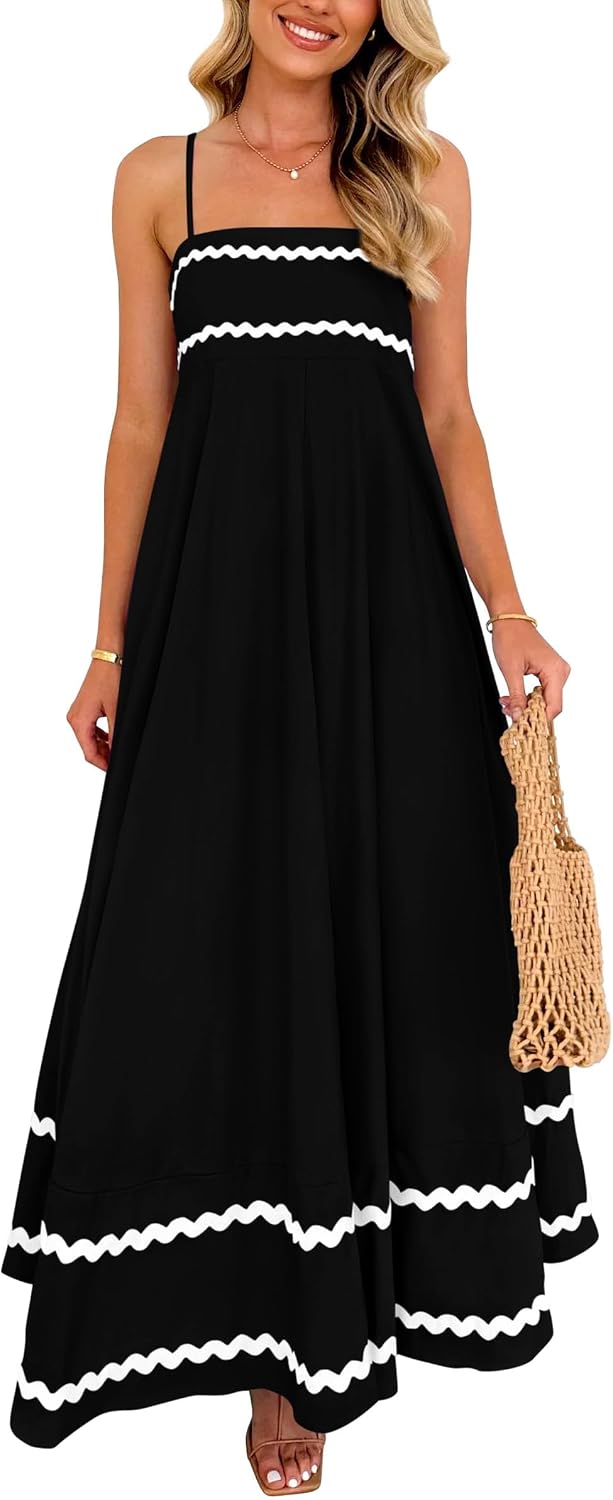 Boho Spaghetti Strap Ruffle Maxi Sundress - Black