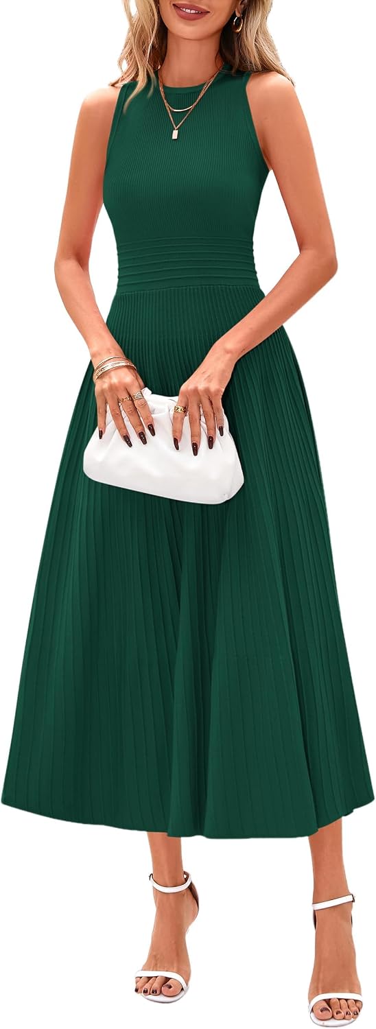 Sleeveless Pleated Knit A-Line Midi Work Dress - Dark Green