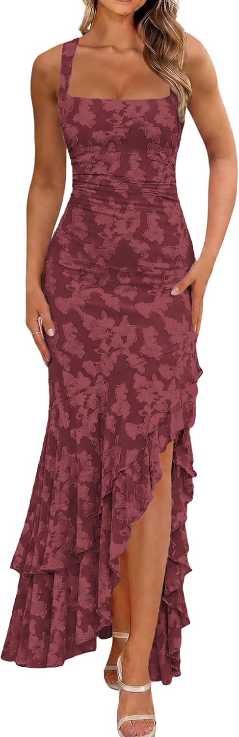 Ruched Floral Mermaid Maxi Wedding Guest Dress - Wine Red