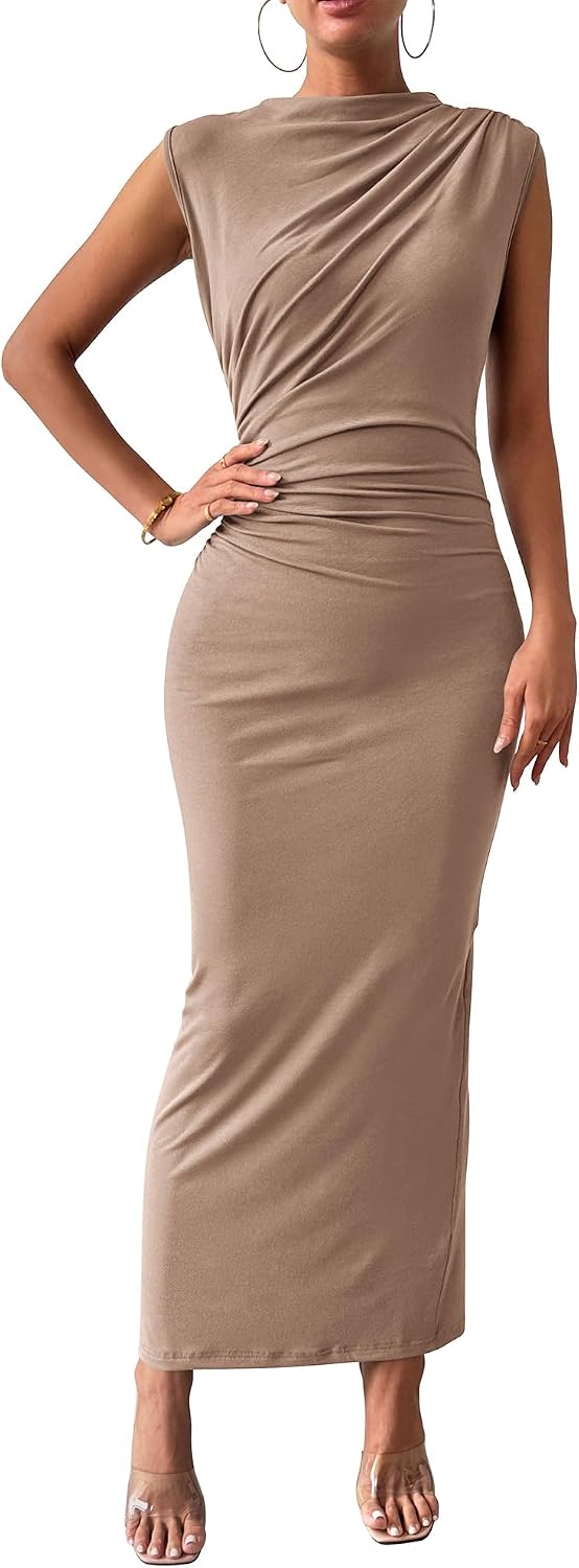 Ruched Bodycon Sleeveless Maxi Dress, Back Slit - Khaki