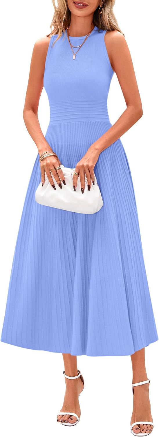 Sleeveless Pleated Knit A-Line Midi Work Dress - Sky Blue