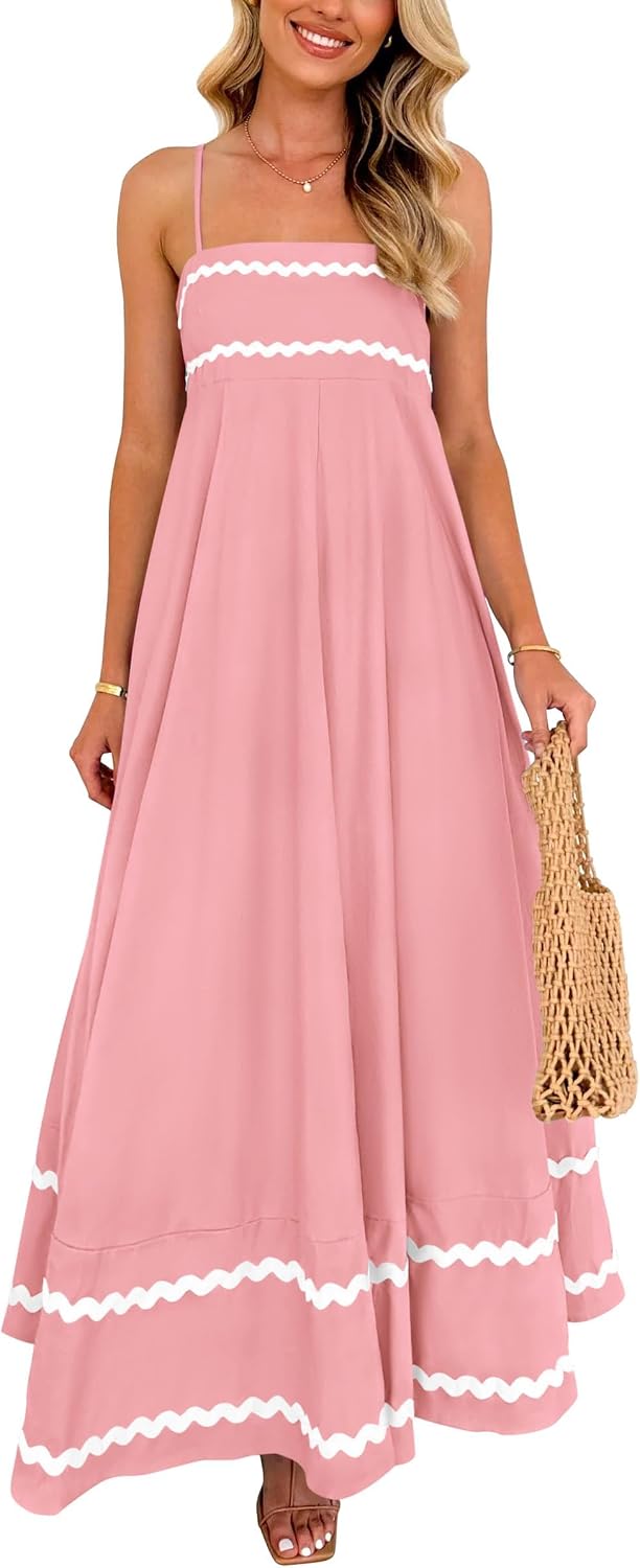 Boho Spaghetti Strap Ruffle Maxi Sundress - Pink