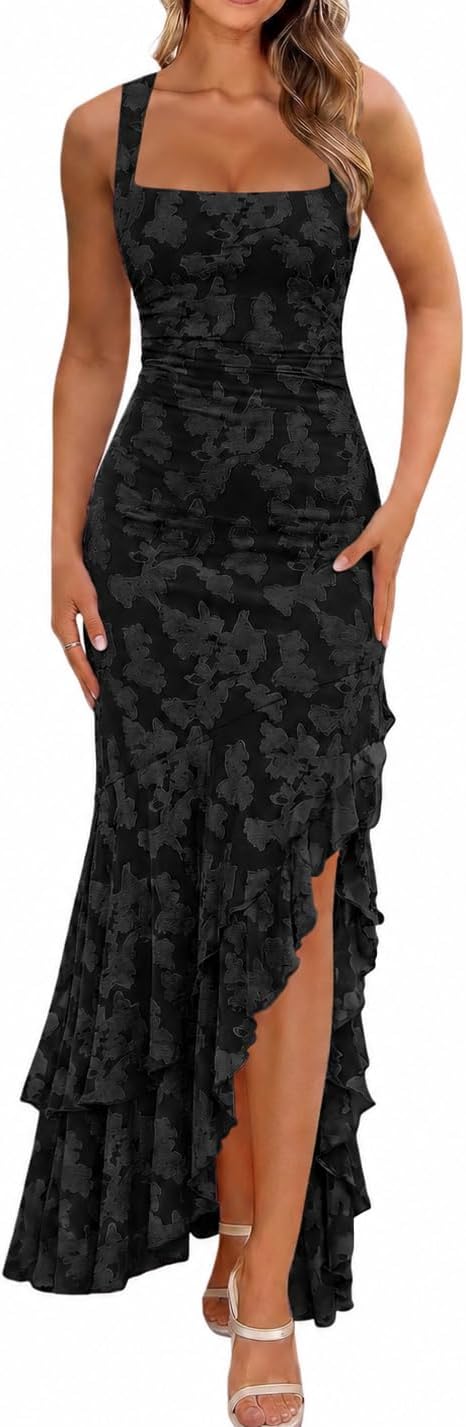 Ruched Floral Mermaid Maxi Wedding Guest Dress - Black