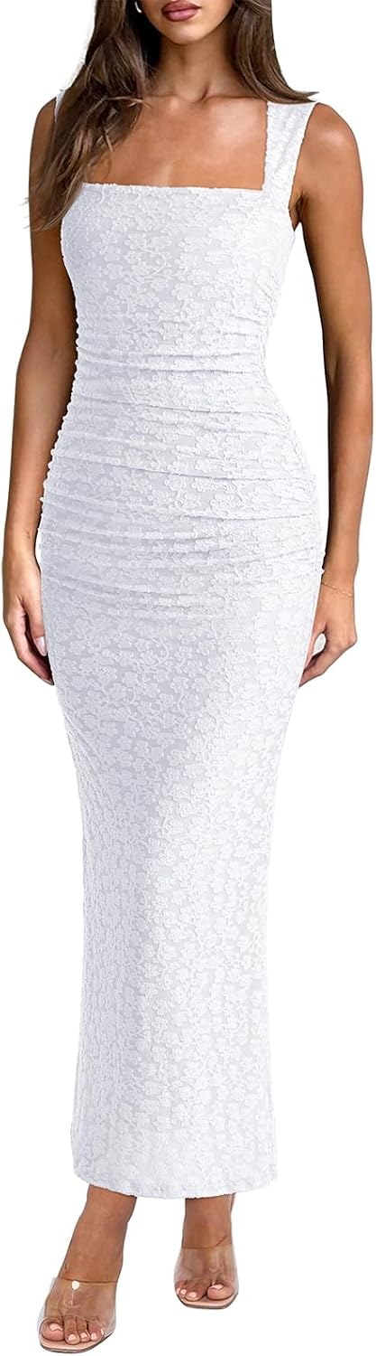 Sheer Mesh Square Neck Ruched Maxi Dress - White Floral