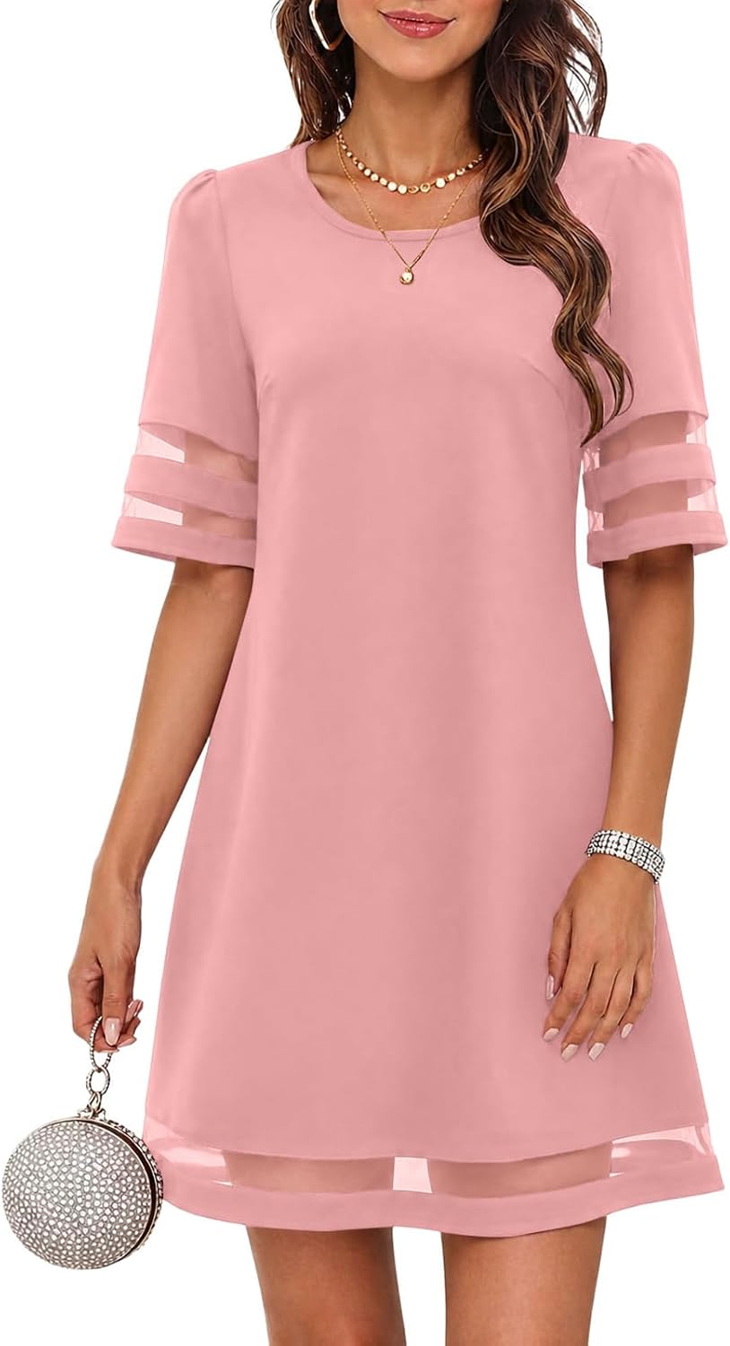 A-Line Mesh Trim Knee Length Wedding Guest Dress - Pink