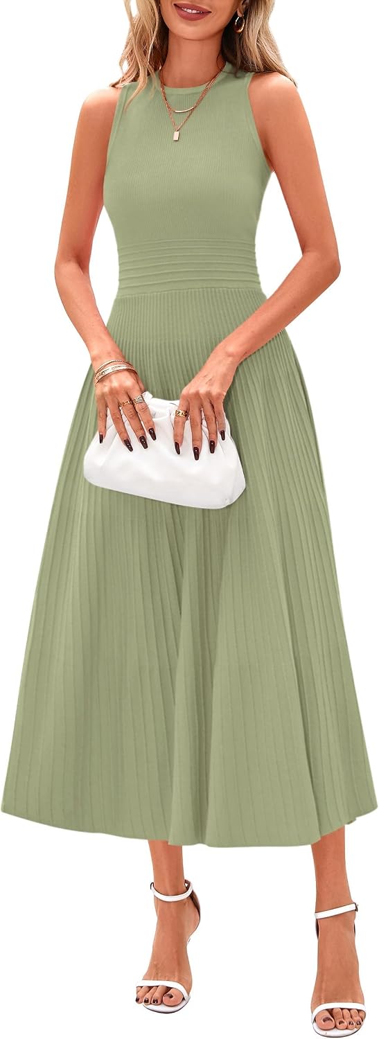 Sleeveless Pleated Knit A-Line Midi Work Dress - Mist Green