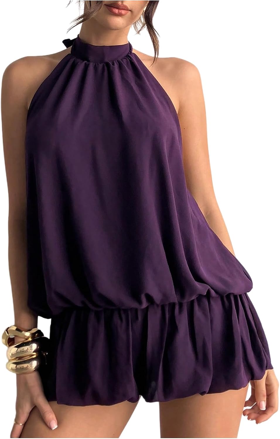 Chiffon Halter Bubble Hem Mini Dress, Backless - Purple