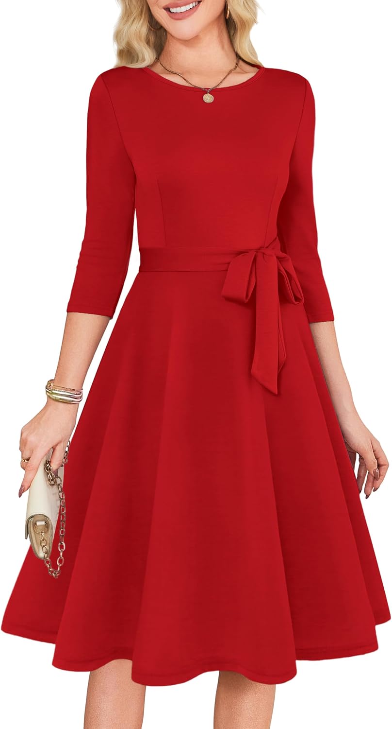 3/4 Sleeve Vintage Cocktail Dress with Belt - Red