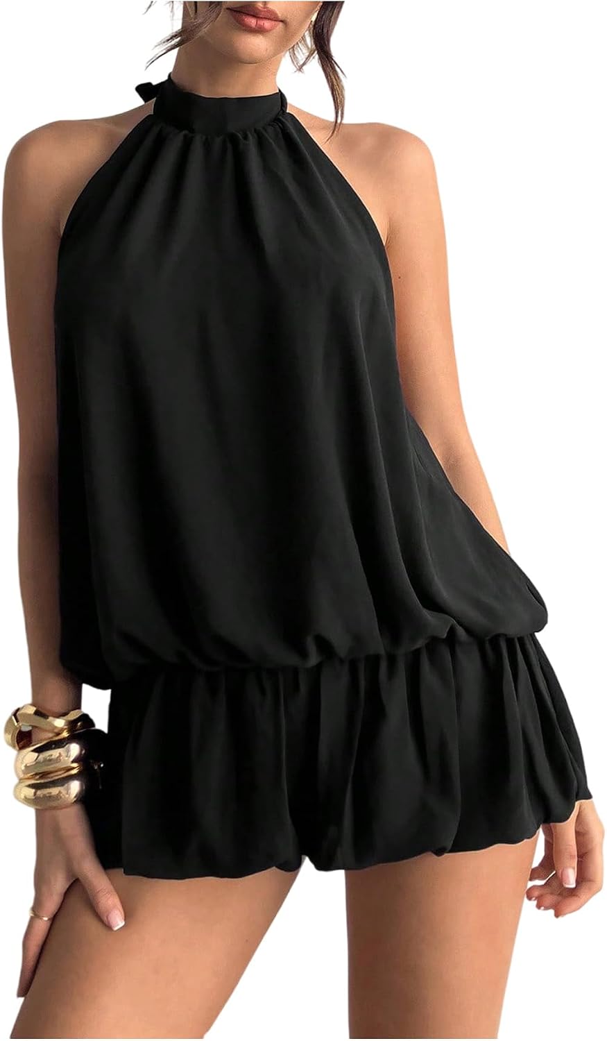 Chiffon Halter Bubble Hem Mini Dress, Backless - Black