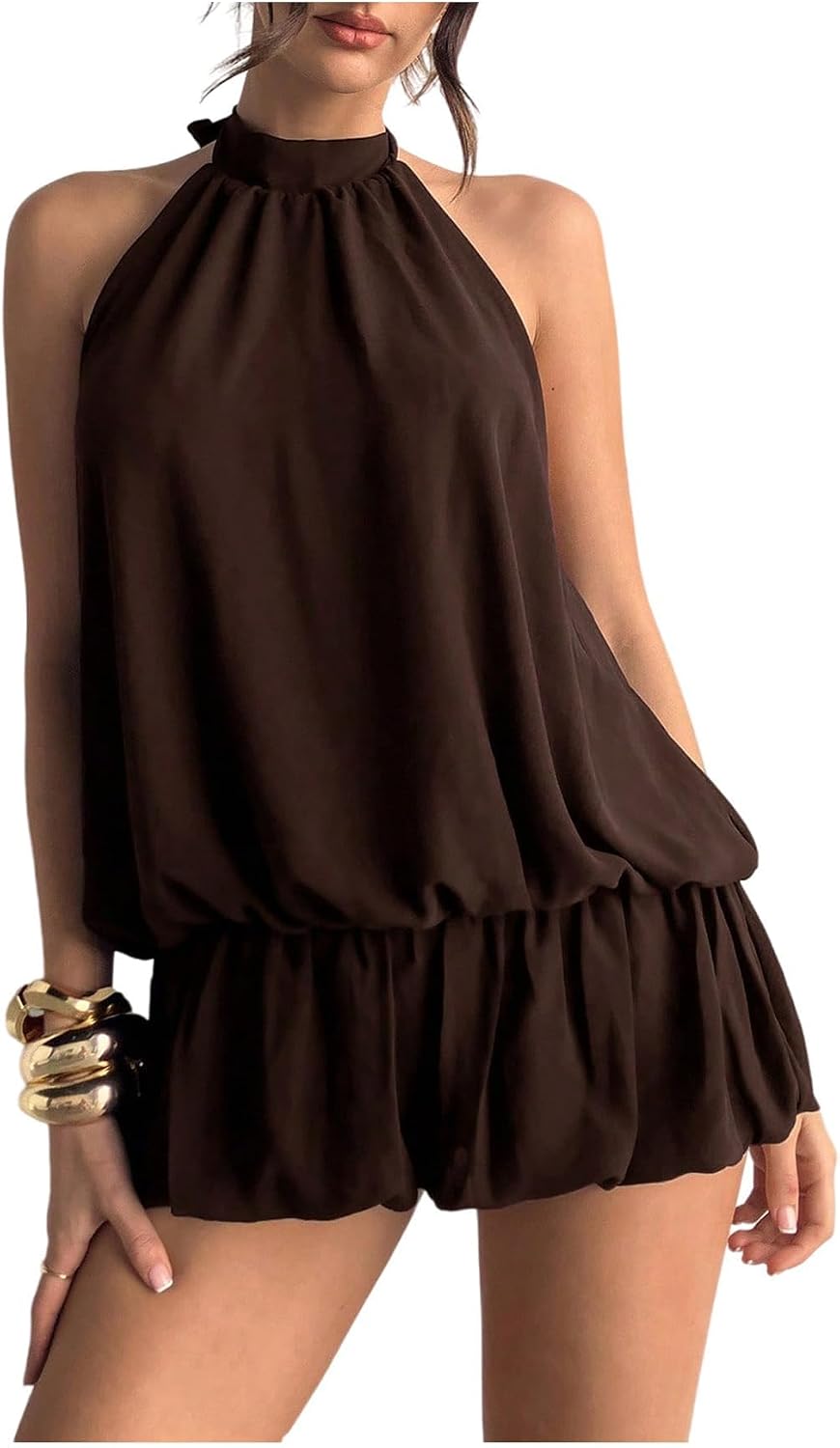 Chiffon Halter Bubble Hem Mini Dress, Backless - Coffee