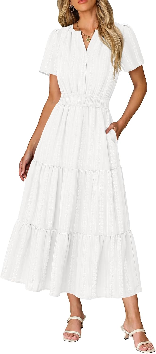 Short Sleeve Flowy Maxi Dress with Pockets - White
