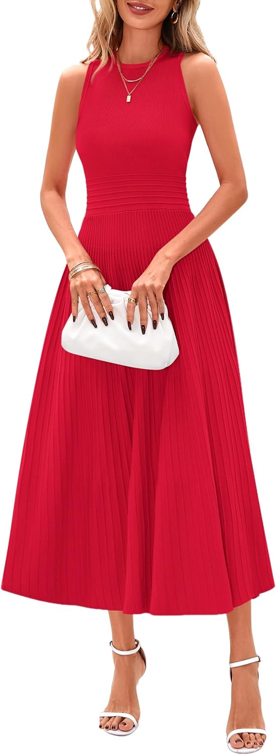 Sleeveless Pleated Knit A-Line Midi Work Dress - Red