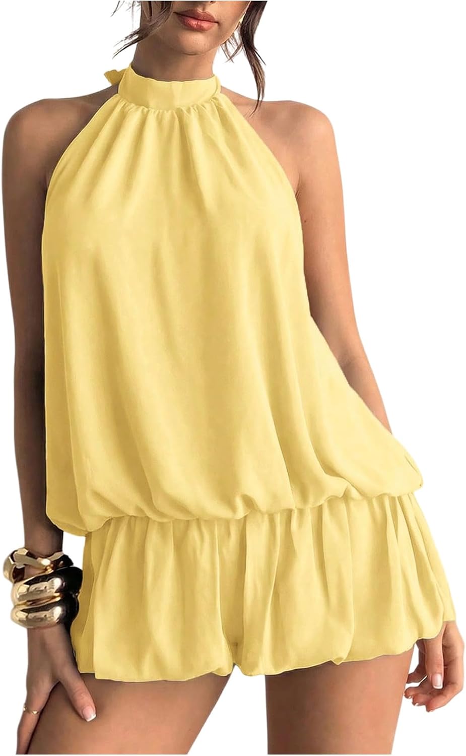 Chiffon Halter Bubble Hem Mini Dress, Backless - Butter Yellow Solid