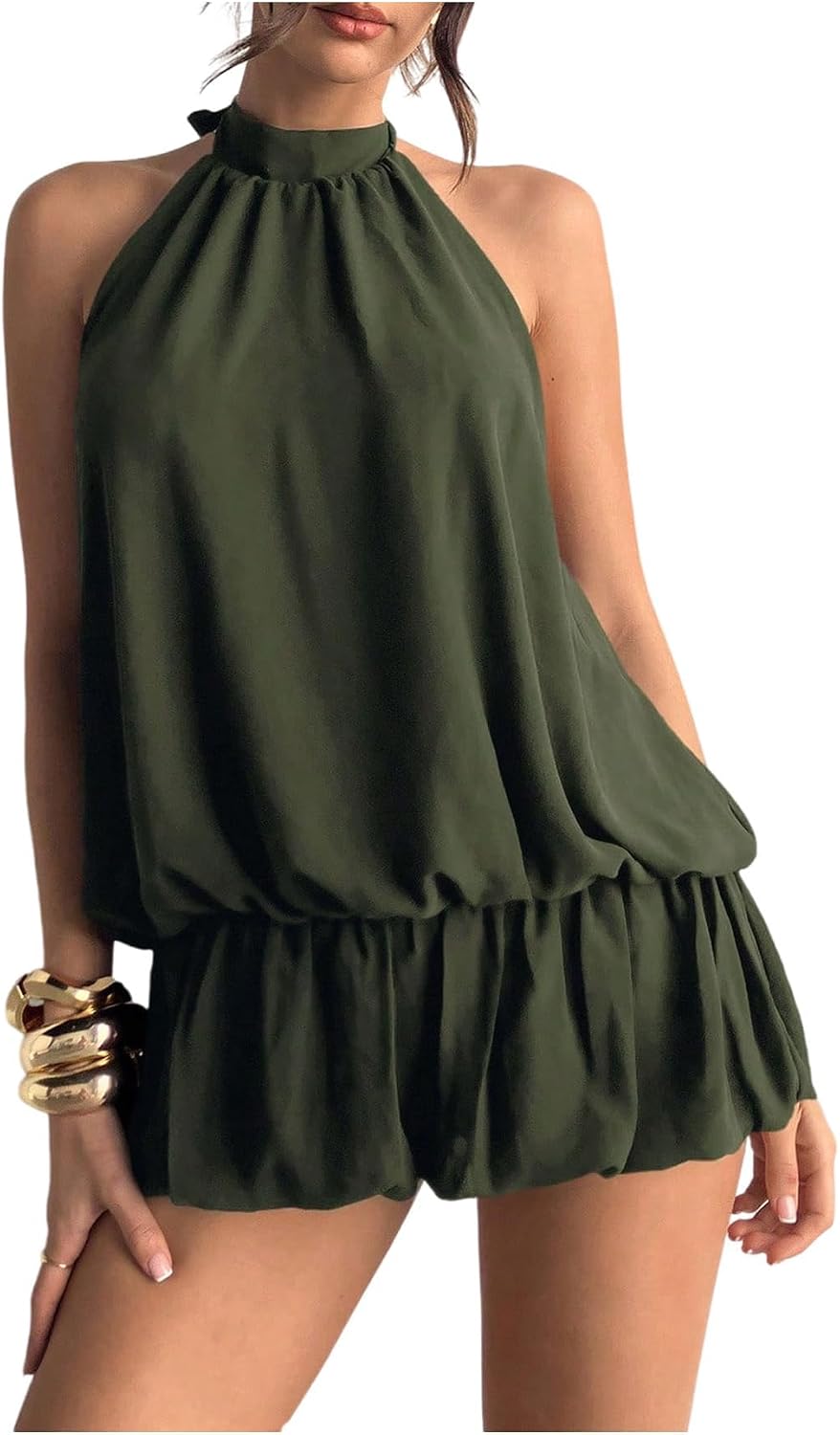 Chiffon Halter Bubble Hem Mini Dress, Backless - Army Green