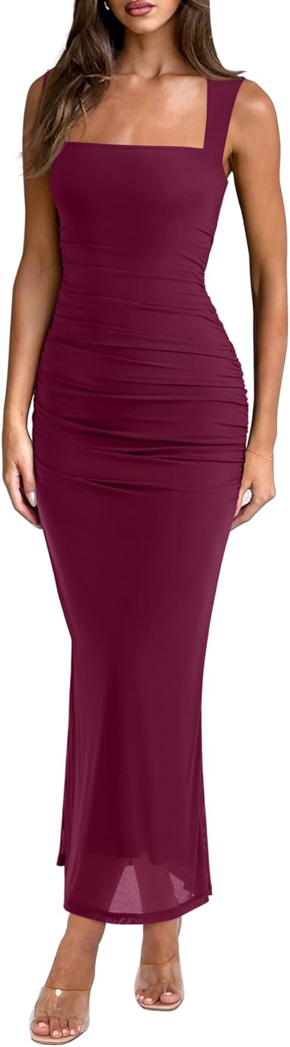 Sheer Mesh Square Neck Ruched Maxi Dress - Cordovan