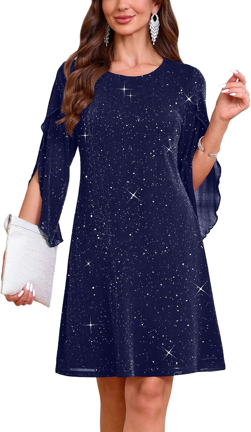 Flutter Sleeve Chiffon Knee Length Cocktail Dress - Sparkly Navy Blue